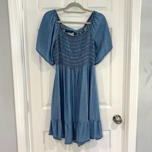Sweet Wanderer Smocked Chambray Ruffle Flowy Sleeve Denim Dress Sz 1X Bow Back